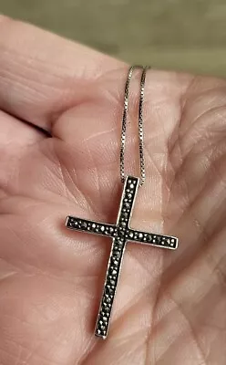 Vintage Marcasite Sterling Silver 925 Cross Christian Pendant Chain Necklace 23f • $36