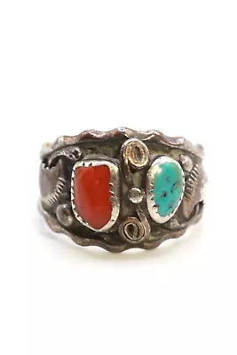 MAX C Navajo Sterling Silver Turquoise Coral Ring • $59