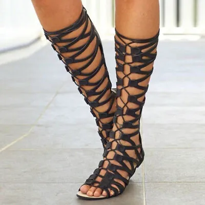 Women Knee High Gladiator Sandals Strappy Beach Flat Shoes Cut Out Lace Up Boots • $26.99