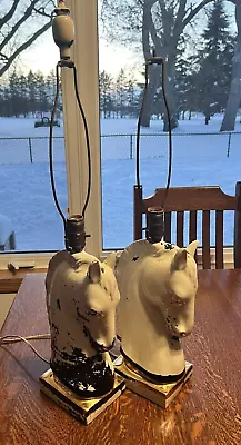 Set Of 2 Beautiful Vintage Horse Head Leviton Lamps Black White Gold - Both Work • $52