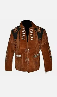 Men Western Style Cowboy Leather Jacket With Fringe Beaded Bones Work Coat  • $129.99