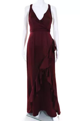Aidan Mattox Womens Wine Ruffle V Neck Satin Sheath Gown Red Size 2 10897373 • $19.99