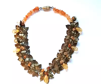 Vintage Metal Leafs & Acorns W Orange Stones Necklace • $89.99