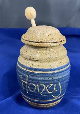 Vintage Potter's Mark Honey Pot Jar 1988 Speckled Tan & Blue WITH Dipper 5.5  • $25