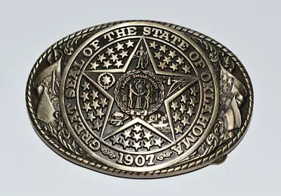 Vintage Solid Brass Tony Lama Great Seal Of The State Of Oklahoma Belt Buckle • $29.97