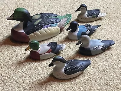 Vintage 70s Ceramic Hand Painted Bisque Mallard Duck Ducklings Set 6 Figurines • $59.99