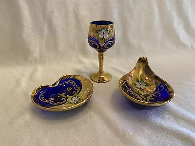 Vtg Set Of 3 Murano Vimax Hand Painted Floral Art Glass Dishes -Cobalt Gold Gilt • $99.95