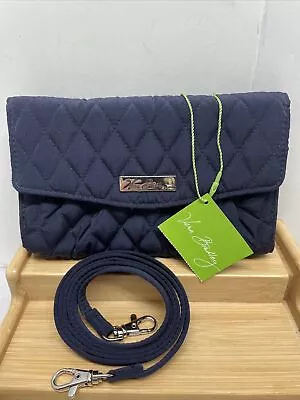 NWT Vera Bradley RFID ICONIC Microfiber Strap Crossbody Wallet Classic Navy $89 • $27.89