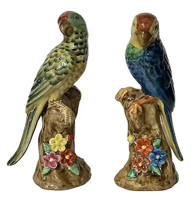 Antique 9”h Pair Of Majolica Parrot Figurines Hand Painted Excellent Condition • $290