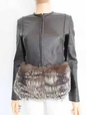 J. Mendel Black Leather/Grey Fox Fur Trim Jacket Size US 2 • $1695