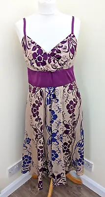 £34.99 • Buy Monsoon 100% Silk Fit And Flare Dress Beige Purple Blue Wedding Occasion - UK 12