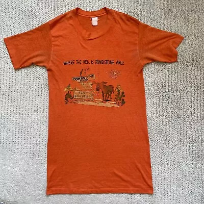 Vintage 70s S Orange Where The Hell Is Tombstone Arizona T Shirt Donkey Cactus • $30