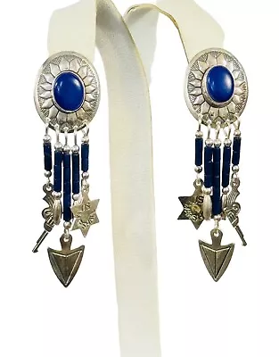 Vintage Earrings Signed QT Lapis & Sterling Silver US Marshall Western Theme • $30