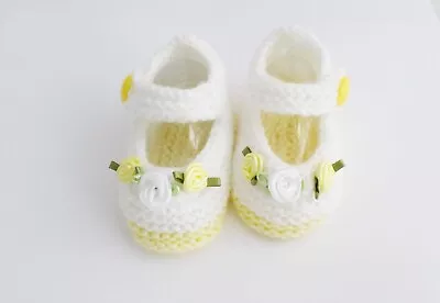 Hand Knitted Baby Girl Mary Jane Flower Shoes 0-3 Months  • £3.70