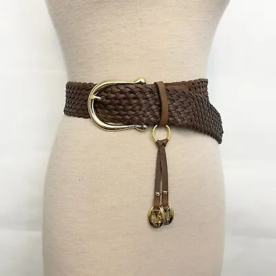 Michael Kors Brown 2  Wide Sz M Woven Leather Belt Gold Buckle Key Charm #553633 • $28