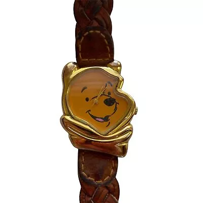 Disney Timex Vintage WINNIE POOH Head Watch Gold Tone Brown Braided Leather Band • $18.69