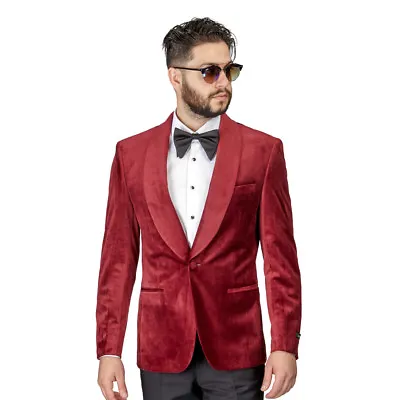  Mens Burgundy Velvet Tuxedo Blazer Jacket Shawl Lapel1 Button Slim Fit AZAR MAN • $89