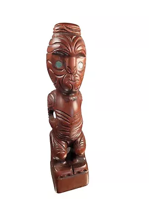 Vtg New Zealand Maori 11  Tiki Teko Hand Carved Figure Wood God Paua Shell Eyes • $103.49