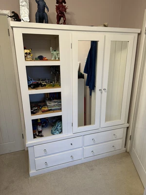 £0.99 • Buy Solid Wooden Storage Cupboard, With Drawers, Hanging Rail And Display Shelves.