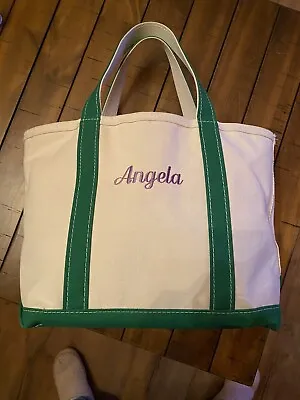 EUC L.L. Bean Boat And Tote Natural W/ Bright Green Canvas Tote Bag Embroidered • $25