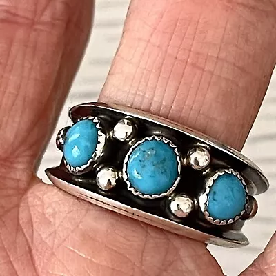 Turquoise Band Ring Sz 13 Navajo 5g 12mm Sterling Mens Three Stone Dark • $89.95