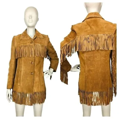 Western Boho Brown Suede Leather Vintage 1960's Fringe Rodeo Cowboy Coat S/M • $332.50