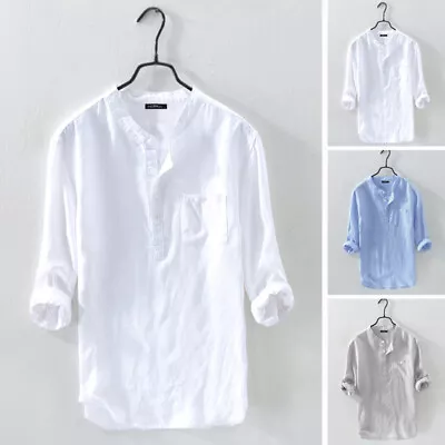 Men's 3/4 Sleeve Linen Cotton Shirt Formal Henley Shirt Casual Beach Blouse Tops • £7.13