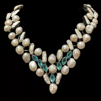 Sterling Silver 925 Mabe Pearl And Blue Topaz Necklace 18”-21” • $336.37