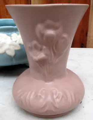 VAN BRIGGLE 5  Flower VASE With Floral Design Matte Pink Signed NiceCond! • $25.95