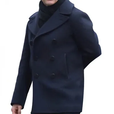 Mens Woolen Winter Warm Pea Coat Vintage US Navy Double Breasted Jacket Overcoat • $103.99