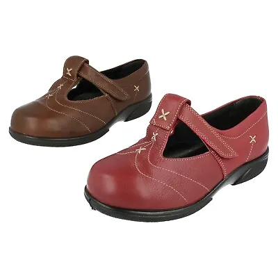 Ladies Brown / Red Leather T-Bar Easy B Wide Fitting Shoes : Avignon • £25