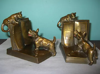 Antique Dog Chasing Cat Bookends K&O Kronheim & Oldenbusch Spelter 1930 • $155