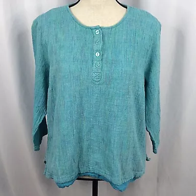 Serengeti Womens Size 1X Top Henley 3/4 Sleeve 100% Cotton Teal Green Blue • $17.99