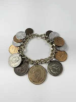 Vintage Foreign Coins Of The World Charm Bracelet 7'' Mexico UK Swiss Austria+ • $18.71