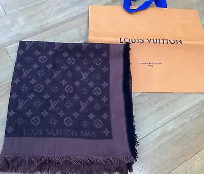 Louis Vuitton Silk And Wool Blend Classic Monogram Shawl In Brown And Black • £194.97