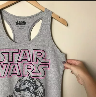 Ladies Star Wars Tank Top R2-D2 Razor Back Muscle T Tee Shirt Medium Gray Pink • $9.99