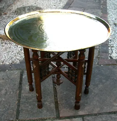 Antique Islamic   Carved And Inlaid Folding Side Table With  Brass Tray • $157.84