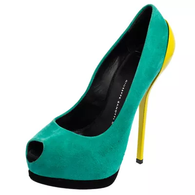 Giuseppe Zanotti Green/Yellow Suede And Patent Leather Peep Toe Platform Pumps • $154.35