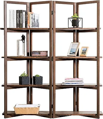 Dark Brown Wood 4-Panel Open Bookcase Room Divider 4 Tier Display Shelf Rack • $236.99