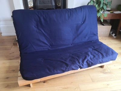 £19.99 • Buy Futon Sofa Bed Guest Spare Double 190cm Blue Mattress Birch Frame