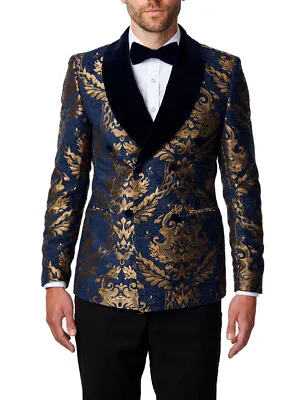 Gold Brocade On Navy Jacquard Double Breasted Jacket • £169.99
