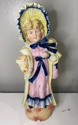 Lady Figurine Dog Victorian Style Pink Dress Bonnet Blue Bow Vintage Home Decor • $6.99