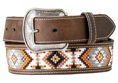 3D Western Mens Belt Leather Beaded Inlay Brown D100016602 • $59
