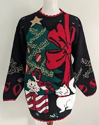 Vintage 80s Christmas Sweater White Cats Kittens Fairy Kei Kawaii S USA Made EUC • $63.75