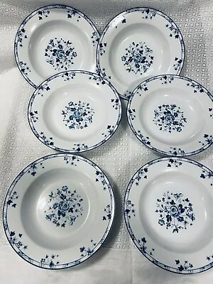 Lot Of 6 Laura Ashley SOPHIA (BLUE) Rim Soup Bowls • $40