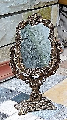 EARLY 20 C GILT FLORAL BRONZE  METAL FRAME MIRROR ROTATED IN PEDESTAL STAND 17 H • $273.55
