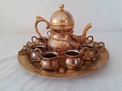 Ornate Decorative Gold And Silver Tone Tea/Coffee Set Pot & 6 Small Cups & Plate • £39.95