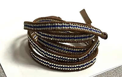 Chan Luu 925 Sterling Silver Brown Silver Blue Leather 5 Wrap Bracelet 33.5  • $80