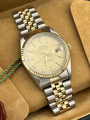 Rolex Datejust 36mm Jubilee 18K Gold Steel Champagne Linen Dial Box Watch 16233 • $6000