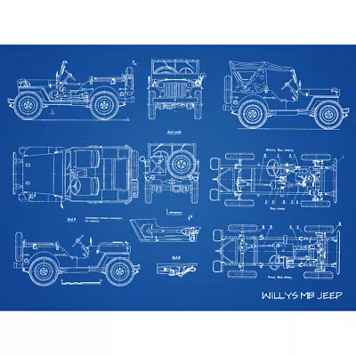 £12.99 • Buy Willys MB US Military Jeep Vehicle Blueprint Plan Canvas Wall Art Print Poster